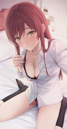1girls black_bra black_socks blush bra bra_peek breasts cleavage collarbone collared_shirt dress_shirt female highres idolmaster idolmaster_shiny_colors indoors kneehighs long_hair looking_at_viewer medium_breasts mikazuchi_zeus nail_polish no_shoes on_bed osaki_amana panties parted_lips partially_unbuttoned red_hair red_panties shirt sitting socks solo sweatdrop swept_bangs unbuttoned underwear wariza white_shirt yellow_eyes
