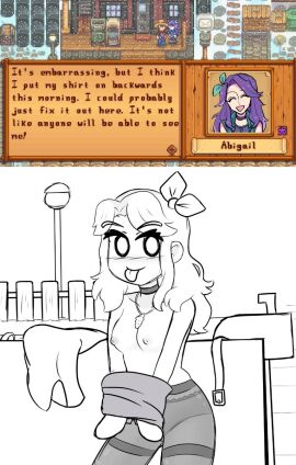 2d abigail_(stardew_valley) eggfan859 erin_(ikeychain) female hair_bow ikeychain necklace original original_character outdoors silly stardew_valley tagme tongue tongue_out undressing