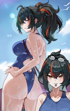 1girls absurdres ass black_hair blowing_whistle blue_one-piece_swimsuit blue_sky breasts cloud commentary day female from_behind goggles goggles_on_head hand_on_own_hip highres holding holding_surfboard large_breasts long_hair looking_at_another looking_back maanu multicolored_hair multiple_views one-piece_swimsuit one_side_up ponytail red_eyes red_hair sky streaked_hair surfboard swimsuit symbol-only_commentary wet whistle zenless_zone_zero zhu_yuan