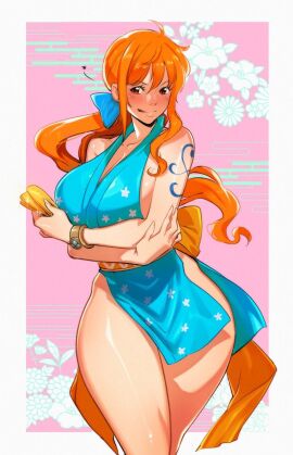 1girls arm_tattoo big_breasts blue_tattoo bracelet breasts brown_eyes busty clothing female female_only going_commando hips kukumomo light-skinned_female light_skin nami_(one_piece) no_bra no_panties one_piece orange-haired_female orange_hair tattoo thick_thighs thighs