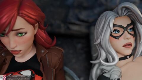 1boy 2girls ass balls big_ass big_penis black_cat_(fortnite) black_cat_(marvel) blush boots breasts breasts_out clothed clothed_female clothing felicia_hardy female fortnite fortnite_(marvel_comics) functionally_nude functionally_nude_female gamesso8 holding_head jacket jacket_open looking_at_viewer looking_down looking_down_at_penis male marvel marvel_comics mary_jane_watson mary_jane_watson_(fortnite) mask masked masked_female mostly_nude mostly_nude_female open_jacket open_mouth panties panties_aside partially_clothed partially_clothed_female penis pussy pussy_out red-haired_female red_hair redhead_female reverse_cowgirl_position shiny shiny_skin short_hair so8 spider-man_(series) tagme video white-haired_female white_hair