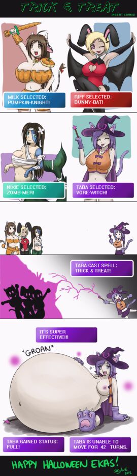 2012 :3 aqua_eyes bandages bat_wings bell big_breasts black_hair blep blonde_hair breast_cutout breasts brunette bunny_girl cat_girl cat_paws catgirl comic cow_bell cow_tail cowgirl digestion english_text eyes_closed female gameplay_mechanics grey_eyes halloween happy_halloween hazel_eyes heart-shaped_cutout huge_breasts inflation knight large_breasts long_hair magic magic_wand massive_belly merfolk mermaid mermaid_girl mermaid_tail midriff mob_face mummy_costume mummy_girl mummy_wrappings one_eye_closed onomatopoeia open_shirt pink_hair playboy_bunny pumpkin pumpkin_bra purple_areola purple_cape purple_hair purple_magic purple_nipples purple_skirt purple_tail red_shirt short_hair skylark stitches sword tagme text unable_to_move vampire vampire_girl vore vore_belly wand witch witch_hat zombie