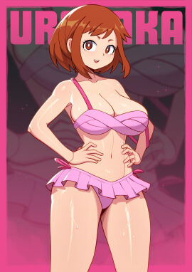 1girls big_breasts bikini breasts brown-haired_female brown_eyes brown_hair female female_focus female_only looking_at_viewer medium_hair my_hero_academia ochako_uraraka satelyte smile solo solo_female solo_focus sweat swimsuit thick_thighs