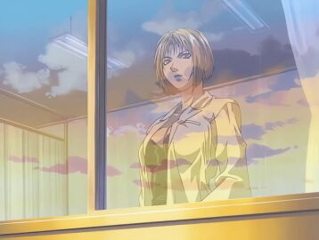 00s 1girls 2001 animated bible_black bible_black_night_of_the_walpulgiss blonde_hair blue_eyes breasts cloudy_sky female kitami_reika lab_coat large_breasts lipstick makeup nurse short_hair tagme window witch