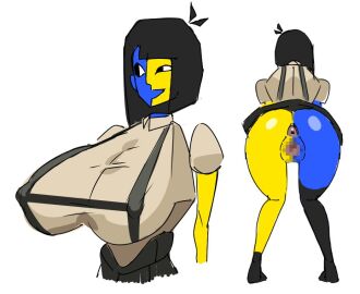 1girls ahoge anus anus_peek bending_forward bending_over bent_over black_fur blue_skin bob_cut bottomless breasts censored censored_pussy ena ena_(series) female joel_g kandenki large_breasts mosaic_censoring mosaic_censorship nipple_bulge nipples_visible_through_clothing presenting presenting_hindquarters presenting_pussy pussy short_hair skirt socks straps thighhighs thighs two-tone_skin vagina yellow_skin