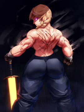 1girls ass black_pants blonde_hair braided_ponytail broad_shoulders brown_gloves female female_only from_behind gloves glowing_eyes glowing_sword glowing_weapon hand_on_hilt looking_at_viewer looking_back milanovicmihael muscular muscular_arms muscular_back muscular_female original pants purple_eyes scar scars scars_on_back solo standing