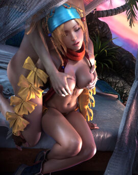 1boy 1girls 3d bikini blonde_hair blue_headband braid breast_grab breasts clothing female final_fantasy final_fantasy_x-2 fingerless_gloves footwear gloves grabbing groping headband headwear high_resolution large_breasts lips long_hair male medium_breasts navel nipples palm_tree parted_lips rikku scarf sevenbees sitting sleeping solo_focus straight swimsuit tied_hair tree underwear very_high_resolution