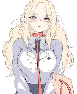 1boy 1girls naro_283 angry_expression angry_face big_breasts blonde_hair blue_eyes blush breasts collar crying crying_with_eyes_open embarrassed female female_focus gakuen_idolmaster idolmaster juo_sena leash leash_and_collar leash_pull light_skin long_hair looking_at_viewer male messy messy_hair nwaru open_mouth pov red_collar red_leash school_uniform schoolgirl simple_background sweat sweatdrop tearing_up tears viewer_holding_leash white_background