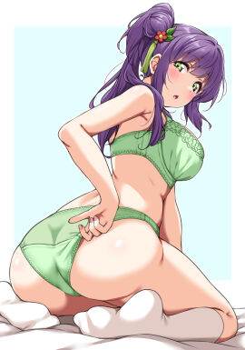 1girls adjusting_clothes adjusting_panties ass bra breasts commentary female from_behind green_bra green_eyes green_panties hair_ornament high_side_ponytail highres large_breasts link!_like!_love_live! long_hair love_live! otomune_kozue panties purple_hair sitting socks underwear virtual_youtuber wariza white_socks yopparai_oni