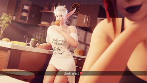 1boy 1girls alua androgynous big_penis blue_eyes bottomless boy casual_exposure casual_nudity colonelyobo crossdressing dress dress_lift elf faith_(colonelyobo) female femboy legs looking_at_viewer male necklace night_elf open_mouth penis thighs trap white_hair world_of_warcraft