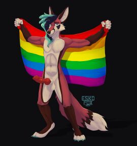 2024 4_toes 5_fingers absurd_res animal_genitalia animal_penis anthro balls biped black_background blue_hair brown_body brown_fur brown_nose canid canine canine_genitalia canine_penis cheek_tuft claws digital_drawing digital_media digitigrade dipstick_tail erection esko_(eskofox) eskofox eyebrows facial_tuft fangs feet finger_claws fingers flag flag_(object) fox fur genitals grin hair hi_res hindpaw inner_ear_fluff knot long_hair looking_at_viewer magenta_body magenta_fur male male_anthro mammal markings navel nude pawpads paws penis pride_color_flag rainbow_pride_colors red_penis sheath simple_background six-stripe_rainbow_pride_colors slim_anthro slim_male smile smiling_at_viewer solo tail tail_markings tan_balls tan_body tan_fur tan_sheath teal_eyes teal_hair teal_pawpads teeth toe_claws toes tuft