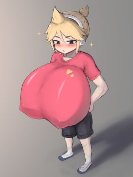 1boy :o @_@ black_shorts blonde_hair blue_eyes blush breasts busty_male collarbone covered_nipples erect_nipples headphones heart hyper hyper_breasts kagamine_len male male_with_breasts nipples open_mouth pittori red_shirt shirt shoes short_hair short_ponytail shorts socks solo sparkle vocaloid white_shoes white_socks