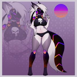 absurd_res artist_request big_breasts big_tail breasts cameltoe child_bearing_hips clothing female female_only grey_fur nipples_visible_through_clothing protogen purple_eyes pussy skull smile thick_thighs white_hair