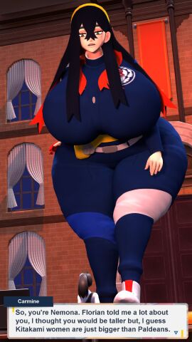 2girls 3d ass big_breasts black_hair breasts carmine_(pokemon) extreme_size_difference female giant_female giantess height_difference huge_breasts ivaldikhosize light-skinned_female light_skin looking_down multiple_females multiple_girls nemona_(pokemon) nintendo pokemon pokemon_sv ponytail shoes size_difference sneakers thick_ass thighs video_game_character voluptuous voluptuous_female