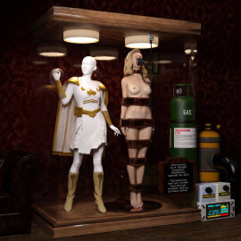 1girls 3d arms_at_sides asleep barefoot blonde_hair bound bound_arms bound_legs bound_neck breasts captured captured_heroine chloroform clothes_removed completely_nude defeated defeated_heroine display display_case english_text eyes_closed feet female forniphilia gas_mask helpless helpless_female human_furniture human_trophy immobile indoors legs_together living_statue living_trophy mannequin midriff name_tag nipples nude nude_female oldmanjaay overhead_light permanent_bondage plaque pussy pussy_obscured sign solo_female starlight_(the_boys) stasis_chamber stationary_restraints stripped stripped_naked suspension suspension_bondage text the_boys trophy_case unconscious