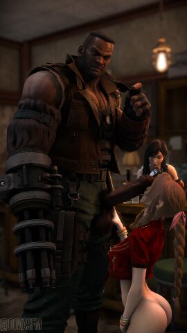 1boy 2girls 3d aerith_gainsborough barret_wallace blowjob clothed dark-skinned_male dark_skin dovasfm female final_fantasy final_fantasy_vii final_fantasy_vii_remake hairy_male imminent_sex interracial licking_penis male massive_penis netorare penis pubes tifa_lockhart