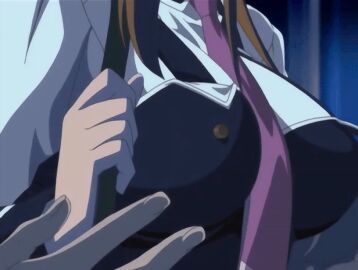 00s 1boy 2006 animated bible_black bible_black_only breasts brown_hair buttons female female_focus grabbing_another's_breast grope_from_behind groping imari_kurumi large_breasts lowres male necktie school school_uniform shirt standing tagme white_shirt