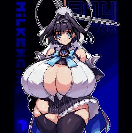 1girls animated breasts cleavage cleavage_cutout female gigantic_breasts hololive hololive_english kyosuke_fujiwara milk_engine miniskirt ouro_kronii pixel_art plump solo thick_thighs thigh_highs thigh_socks thighhighs virtual_youtuber wide_hips