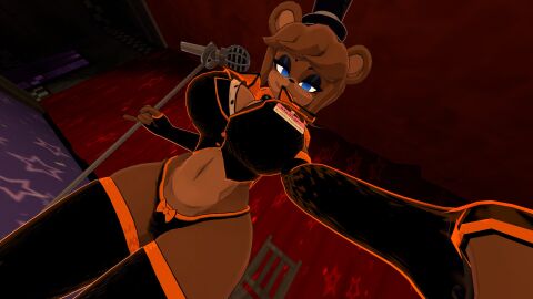 3d fap_nights_at_frenni's female five_nights_at_freddy's freddy_(fnaf) fredina's_nightclub fredina_(cally3d) frenni_fazclaire full_body gloves microphone microphone_stand nightclub selfie solo thighhighs thong vest vrchat vrchat_avatar worker