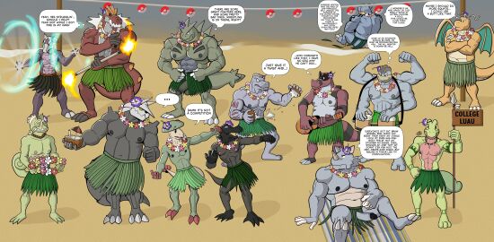 2_toes 3_toes 4_toes abs accessory aggron alolan_form alolan_marowak anthro anton_o'moore bared_teeth barefoot beach beach_towel belly beverage biceps big_muscles biped blastoise blue_body blue_scales blush blush_lines bongo_drum bottomwear bracelet breloom bryan_hall claws clothed clothing coconut coconut_drink comic crossed_arms curtis_sara_taylor dancing dialogue dragonite dressing drum drupe_(fruit) erect_nipples erection eyebrows feet femboy fire fire_dancer fire_dancing fire_performance flower flower_necklace flower_on_head food fossil_pokemon fruit garland garth_forest generation_1_pokemon generation_2_pokemon generation_3_pokemon generation_5_pokemon generation_6_pokemon generation_7_pokemon genitals grass_skirt green_body green_scales grey_body grey_scales group hand_on_hip hawaiian herbert_gillespie hi_res hibiscus hula hula_dancer hula_dancing humanoid_feet humanoid_genitalia humanoid_penis hunter-husky jewelry kecleon krookodile lei looking_at_viewer luau lute machamp machoke male male/male markings mature_male melee_weapon musclegut muscles muscular muscular_male musical_instrument navel necklace nervous nintendo nipples one_panel_comic open_mouth orange_body orange_scales party penis percussion_instrument performance_art plant plantigrade plucked_string_instrument pokeball pokemon pokemon_(species) polearm pupils purple_sclera raymond_davis red_body red_scales regional_form_(pokemon) rhydon salandit sand scales scalie sea sebas_cooper sexual_tension shane_barker shoreline shoulder_strap sign skirt snout spear speech_bubble spikes spikes_(anatomy) strength string_instrument tail tattoo teeth toes tongue topless topless_anthro topless_male torch towel treecko trenton_liddle tribal tribal_markings triceps twunk tyranitar tyrantrum ukulele ulisez_golderer unnamed_character ventral_scales wardrobe_malfunction water weapon white_sclera yellow_sclera