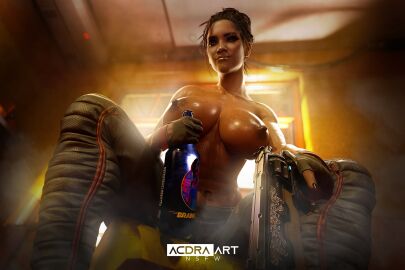1girls 3d acdraart big_breasts bottle breasts cd_projekt_red cyberpunk_2077 dark-skinned_female dark_skin female gun huge_breasts native_american navel nipples panam_palmer solo tattoo weapon