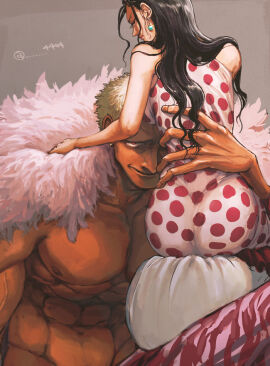 1boy 1girls 4444_(tetsuya) ass big_ass black_hair blonde-haired_male blonde_hair brown-haired_female brown_hair creepy_smile donquixote_doflamingo dressrosa female fully_clothed giant large_male larger_male long_hair looking_at_viewer looking_back male mini_giant muscular muscular_male one_piece polka_dot post-timeskip size_difference smaller_female smile viola_(one_piece) wide_hips
