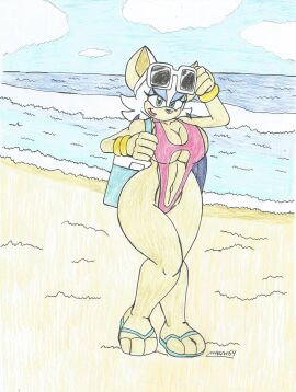 anklet bat_girl bat_humanoid bat_wings beach beach_background beach_day beige_body beige_fur big_breasts big_hips bikini bikini_only blue_eyes breasts eyelashes eyeshadow female lipstick looking_at_viewer marlon64 rouge_the_bat seaside slippers smiling_at_viewer sonic_(series) sunglasses_on_head swimsuit traditional_drawing_(artwork) white_fur white_hair winged_humanoid