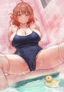areola_slip bathroom bathtub blush breasts cameltoe female gakuen_idolmaster grin half-closed_eyes hanami_ume idolmaster large_breasts naughty_smile overflowing_breasts pussy rubber_duck school_swimsuit sideboob sitting spread_legs steam thighhighs thighs white_thighhighs