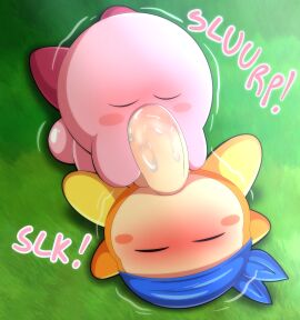 absurd_res alien balls bandana_waddle_dee big_penis blue_kerchief blush bodily_fluids closed_eyes duo fellatio genitals grass hi_res kerchief kirby kirby_(series) lying male male/male motion_lines nintendo on_back onomatopoeia oral penile penis plant saliva saliva_on_penis sex sound_effects tepigfan101 text waddle_dee