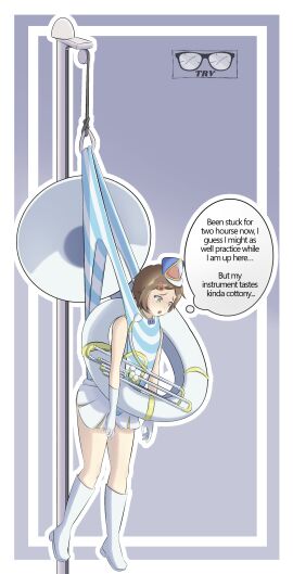 1girls 2025 bl4ckc0ffee19 blue_panties boots brass_instrument brown_hair english_text female gloves hanging_wedgie hat instrument marching_band_uniform musical_instrument original panties panty_pull shako_cap skirt sousaphone striped_panties tagme text thighs tuba uniform watermark wedgie yellow_eyes