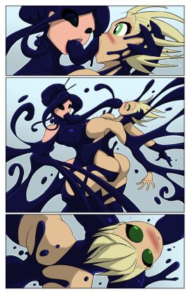 2girls ass blonde_hair blue_tentacles blush breasts colored comic corrupted corruption extreme_french_kiss female from_behind green_eyes jolly_jack kissing marvel marvel_comics nipples open_mouth oral penetration pussy restrained scientist sex short_hair spread_legs symbiote tentacle tentacle_link tentacle_tongue tentacles the_goo_(comic) transformation vaginal_penetration wide_hips yuri