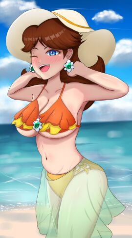 1girls armpits arms_behind_head big_breasts breasts busty clothing enuzemu_mldre female female_only jpeg large_breasts legs mario_(series) nintendo one_eye_closed open_mouth pose posing princess_daisy sarong sensual smile solo swimsuit thighs water wink