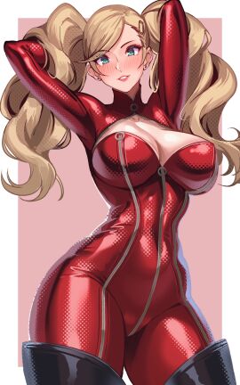10:16 1girls ann_takamaki arms_up big_breasts blonde_hair blue_eyes blush bodysuit boots breasts catsuit cleavage cleavage_cutout clothing_cutout covered_navel curvy earrings female female_only full-length_zipper gloves highres huge_breasts jewelry large_breasts latex latex_bodysuit long_hair looking_at_viewer megami_tensei parted_lips persona persona_5 phantom_thief_suit red_bodysuit simple_background skin_tight smile solo stud_earrings teeth thigh_boots twintails very_long_hair volyz white_background zipper