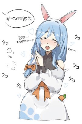 1girls ^_^ apron arm_sleeves baby_blue_hair bangs bangs_between_eyes blue_eyebrows blue_fingernails blue_hair blue_nails blush blushing bow_in_hair braid braided_hair braided_ponytail breasts bunny_ears bunny_girl carrot chestnut_mouth closed_eyes clothed clothed_female clothing cook detached_sleeves dress eyebrows female food front_view fully_clothed hair hair_between_eyes hair_bow hair_intakes hair_over_shoulder hairbow hands_clasped hands_together hands_up hololive hololive_fantasy hololive_japan housewife inner_hair japanese_text kemono kemonomimi large_breasts leebongchun light_blue_hair long_hair long_neck long_sleeves low_ponytail mature mature_female milf mother narrowed_eyes neck open_mouth open_mouth_smile orange_bow orange_ribbon paw_print pekomama perky_ears pink_inner_ear praying_hands puffy_sleeves rabbit_ears rabbit_girl ribbon shoulderless shoulderless_dress single_braid slight_blush slit_eyes small_eyebrows solo streaked_hair teeth teeth_showing thin_neck tied_hair tight_clothing tight_dress translation_request turtleneck two-tone_hair upper_body virtual_youtuber white_dress white_ears white_hair white_sleeves wholesome