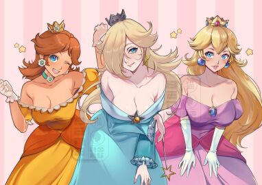 3girls 5_fingers adapted_costume alternate_breast_size_(larger) arm_under_breasts artist_name bare_shoulders beneceadraws blonde_hair blue_dress blue_eyes blush breasts brooch brown_hair cleavage closed_mouth collarbone crown dress earrings female flipped_hair flower_earrings gloves gold_crown grey_crown hair_over_one_eye hands_on_own_legs hands_on_own_thighs highres holding holding_wand jewelry large_breasts leaning_forward legs long_hair long_sleeves looking_at_viewer mario_(series) nintendo off-shoulder_dress off_shoulder one_eye_closed open_mouth orange_dress parted_lips pink_lips princess princess_daisy princess_dress princess_peach princess_rosalina puffy_sleeves purple_dress rosalina short_sleeves silver_crown simple_background sleeveless sleeveless_dress smile solo star_(symbol) star_brooch star_earrings star_wand supporting_breasts teeth thighs upper_teeth_only wand watermark white_gloves yellow_dress