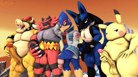 3d 3d_(artwork) 5boys anthro avian bird bowser closed_eyes commentary_request commission conpletely_nude_male crossover dr.ivopingasnik falco_lombardi furry furry_male furry_only gay gay_male generation_1_pokemon generation_4_pokemon generation_7_pokemon group group_sex incineroar koopa lineup looking_at_another lucario male male/male male_nipples mammal mario_(series) masturbating_while_watching masturbation moaning moaning_in_pleasure naked naked_male nintendo nipples orgy orgy_sex penis pikachu pokemon pokemon_(species) reptile scalie star_fox stroking stroking_cock stroking_penis super_mario_bros. super_smash_bros. super_smash_bros._ultimate