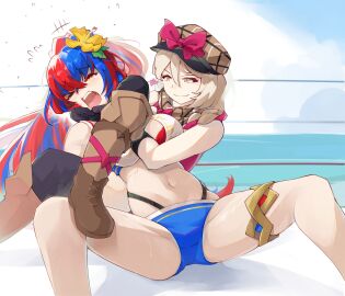 2girls alear_(female)_(seaside_dragon)_(fire_emblem) alear_(fire_emblem) alear_(fire_emblem)_(female) bare_shoulders bikini blue_bikini blue_hair boots bow breasts brown_footwear brown_hat catfight defeated feet_out_of_frame female female_only femdom femsub fire_emblem fire_emblem_engage fire_emblem_heroes framme_(fire_emblem) grey_hair hat hat_bow highres jaegan large_breasts long_hair looking_at_another multicolored_hair multiple_females multiple_girls navel nintendo official_alternate_costume official_alternate_hairstyle open_mouth pink_bow ponytail red_bikini red_hair smile split-color_hair stomach swimsuit thighlet thighs very_long_hair white_bikini wrestling yellow_eyes yuri