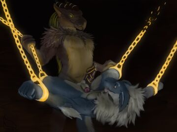 4:3 absurd_res anal anal_sex animal_genitalia anthro avian balls beak blue_body bodily_fluids bondage bound chained chains chastity_device cuff_(restraint) digital_media_(artwork) dominant dominant_male dragon duo erection feathers fur furred_dragon furred_scalie genital_fluids genitals glowing glowing_eyes gryphon hair hi_res horn looking_at_another male male/male male_penetrated male_penetrating male_penetrating_male mythological_avian mythological_creature mythological_scalie mythology nude penetration penile penis precum reptile restraints scalie sergal sex simple_background smile spread_legs spreading submissive submissive_male tail yellow_eyes
