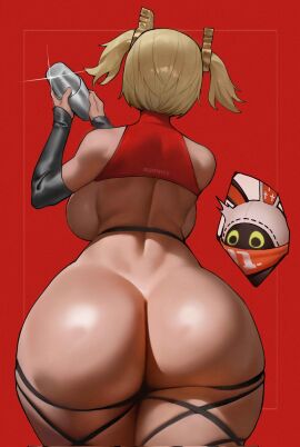 backboob bangboo_(zenless_zone_zero) bare_shoulders blonde_hair breasts burnice_white curvy detached_sleeves eous_(zenless_zone_zero) female huge_ass huge_breasts long_hair red_background shaker simple_background skindentation spiralnoww straps thick_thighs twintails wide_hips zenless_zone_zero