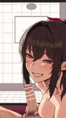 1boy bar_censor blush boyfriend-girlfriend breasts brown_hair censored commentary_request female first_person_view grin hair_between_eyes hair_ribbon haru_(nt00) highres imminent_cuckold imminent_netorare imminent_ntr indoors long_hair looking_at_viewer male male_pov male_pubic_hair mole mole_on_breast nail_polish nipples nt00 nude original penis pink_eyes pink_nails pink_ribbon pov pov_crotch pubic_hair red_eyes ribbon smile solo_focus teeth tile_wall tiles yumi_(nt00)