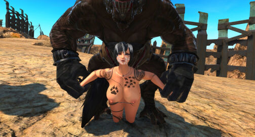 amalj'aa big_ass cum_on_face defeated_heroine female final_fantasy_xiv gpose_(ffxiv) miqo'te monster monster_on_female monster_rape raped_by_monster raped_female size_difference warrior_of_light_(ff14) whore_of_light