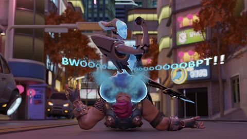 2girls 3d ass big_ass bubble_ass bubble_butt echo_(overwatch) enthusiastpyro facesitting fart fart_cloud fart_fetish farting farting_in_face female femdom femsub muscular muscular_female overwatch overwatch_2 pink_hair robot robot_girl short_hair zarya