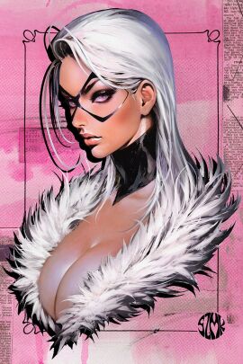 1girls 2024 big_breasts black_cat_(marvel) breasts bursting_breasts bust_portrait color comic_cover eyebrows eyelashes eyeshadow felicia_hardy female huge_breasts large_breasts light-skinned_female light_skin long_hair looking_at_viewer marvel marvel_comics mask masked masked_female massive_breasts painting_(artwork) pink_background pink_eyes pinup poster red_fur seductive seductive_look shiny shiny_breasts shiny_skin sozomaika spider-man_(series) superheroine thick_breasts thick_lips voluptuous voluptuous_female white_fur white_hair