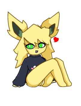black_sweater breasts eeveelution female green_eyes heart jolteon pussy pussy_juice pussy_peek sweater thick_thighs thighs yellow_fur yellow_hair