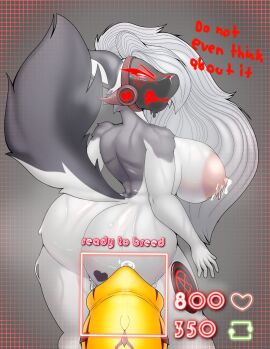 anthro big_breasts breasts canid canid_demon canine demon english_text female foxgumie genitals grey_hair hair hellhound helluva_boss hi_res loona_(helluva_boss) machine male mammal mythological_canine mythological_creature mythology penis protogen protogen_visor solo text white_body