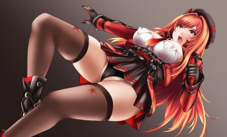 1girls beret black_panties black_skirt black_thighhighs breasts cameltoe clenched_hand female from_below goddess_of_victory:_nikke gradient_background hat hi_res large_breasts long_hair military military_uniform necktie official_alternate_costume open_mouth panties pleated_skirt pussy rapi_(nikke) rapi_(red_hood)_(nikke) red_eyes red_hair red_jacket simple_background skirt solo solo_female star_(symbol) teeth thighhighs tongue two-tone_gloves underwear white_shirt yoshimo