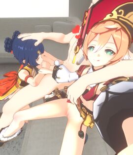 1boy 2girls 3d blowjob blue_hair breasts camera_pov completely_nude couch fellatio female ffm_threesome genshin_impact grabbing_head green_eyes heart holding_penis horny kneeling male nude oral_sex orange_eyes penis petite photo pussy selfie sex small_breasts smile sucking_penis thighs threesome xiangling_(genshin_impact) yanfei_(genshin_impact)