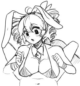 1boy 1girls :o ahoge animal_tail ascot bikini bowtie breasts bunny_ears bunny_tail bunnysuit cleavage collarbone color_request doodle drawfag drill_hair fake_animal_ears fake_tail female greyscale hair_bow kasane_teto kasane_teto_(sv) large_breasts looking_at_viewer male monochrome navel open_mouth paizuri pov rabbit_ears rabbit_tail straight synthesizer_v twin_drills utau wristband