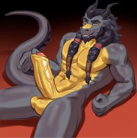 2024 abs anthro balls biped braided_hair countershade_scales countershade_torso countershading digital_media_(artwork) dragon erection finger_in_foreskin fist foreskin genitals glans gradient_background grey_body grey_scales hair hi_res horn katsumizi limo_(character) looking_at_viewer lying male male/male male_only muscular muscular_anthro muscular_male mythological_creature mythological_scalie mythology on_back pecs penis pink_glans scales scalie shaded simple_background solo tail teeth uncircumcised unretracted_foreskin vein veiny_penis yellow_body yellow_eyes yellow_penis yellow_scales