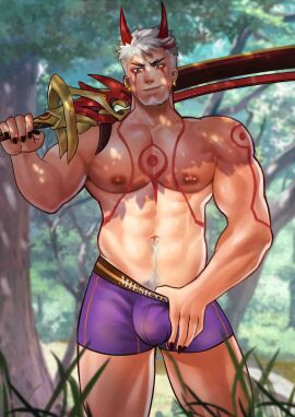 1boy 2d arataki_itto bara bulge genshin_impact looking_at_viewer looking_down looking_down_at_viewer male male_nipples male_only male_pubic_hair miesicomic muscular muscular_male nipples pubic_hair solo solo_male underwear white_hair yaoi